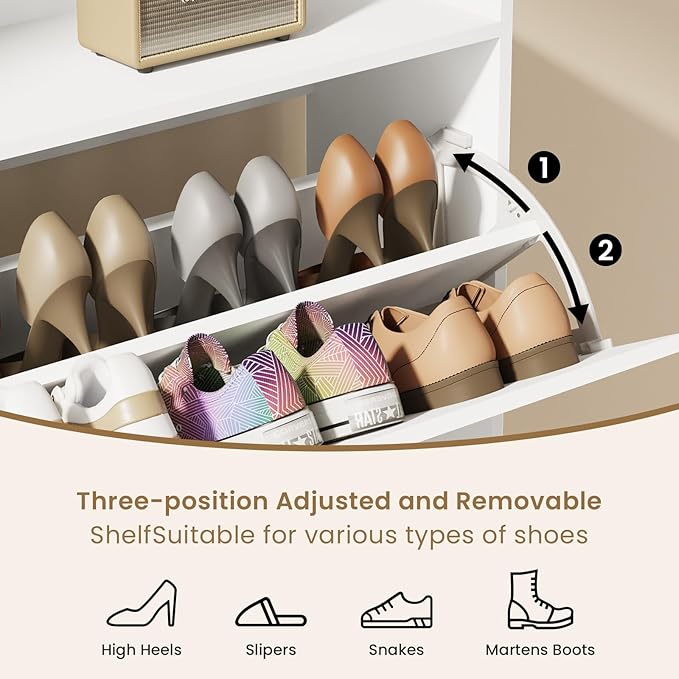 Shoe Cabinet Organizer with 2 Flip Drawers & 2-Tier Adjustable Shelves, Freestanding Shoe Rack Cabinet, Narrow Shoe Storage for Entryway, Foyer, Hallway, White, 23.6" W × 9.4" D × 33.1" H