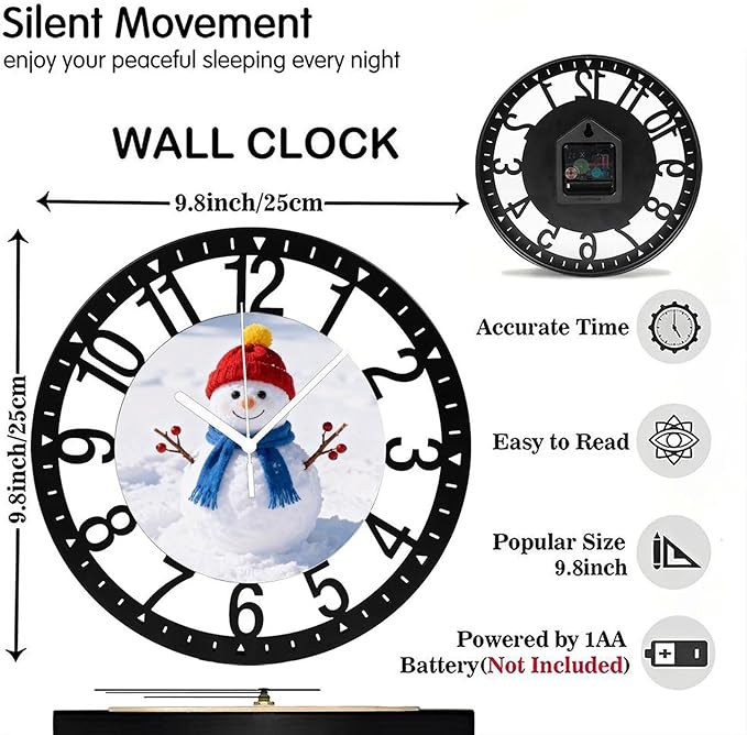 Wall Clock 10 Inch Silent Non-Ticking Modern Clocks Battery Operated - Analog Small Classic for Office, Home, Living Room,Bathroom, Kitchen, Bedroom, School,Snowman Clock
