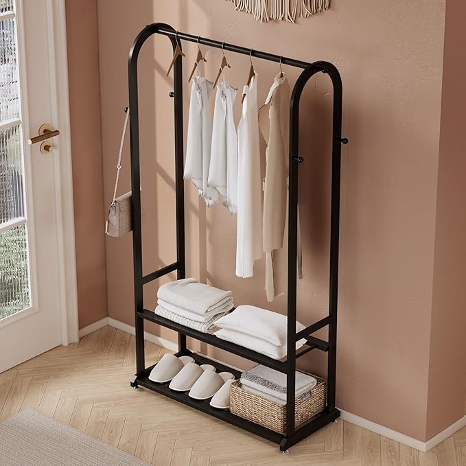 Heavy Duty Clothes Rack,Sturdy Metal Garment Racks for Hanging Clothes,Clothing Racks with bottom shelves & 6 Hooks,Multi-Functional Closet Rack for Bedroom Living room