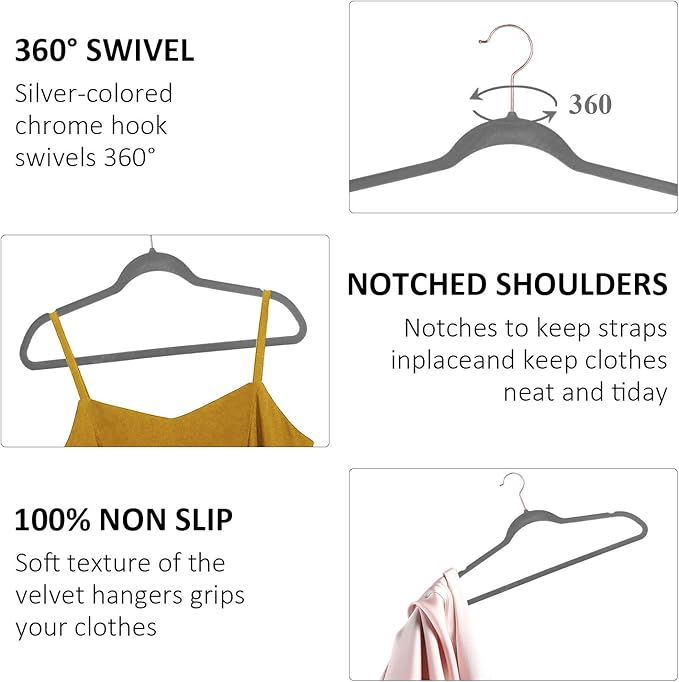 VECELO Premium Velvet Clothes Hangers Suit Heavy Duty (25 Pack)-Non Slip & Space-Saving with 6 Finger Clips & Tie Rack Excellent for Men and Women，Light Gray
