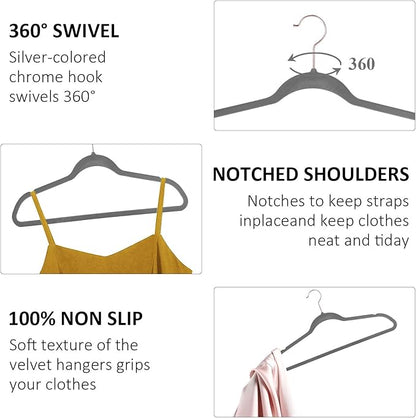 VECELO Premium Velvet Clothes Hangers Suit Heavy Duty (25 Pack)-Non Slip & Space-Saving with 6 Finger Clips & Tie Rack Excellent for Men and Women，Light Gray