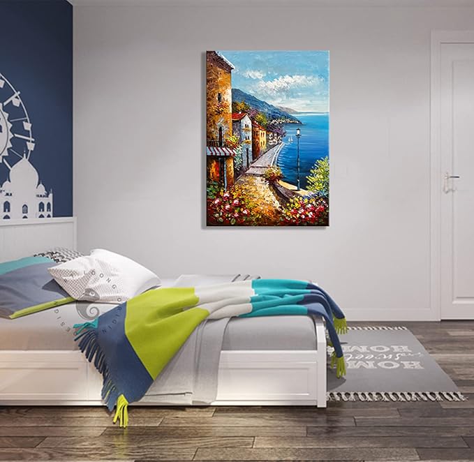 Alenoss Hand Painted Acrylic Large Abstract Modern Oil Paintings on Canvas 28x40 Inches Vertical Wall Art Mediterranean Sea Cityscape Blue Artwork Wall Decor Home Decorations