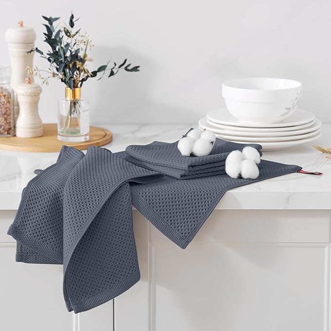 Kitinjoy 100% Cotton Kitchen Towels and Dishcloths Set, 8 Pack Waffle Weave Dish Towels Ultra Soft Absorbent Quick Drying Dish Rags, 13 x 28 Inch and 12 X 12 Inch, Dark Grey