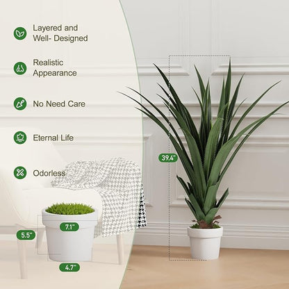 Set of 2 Artificial Agave Plants 39.4 Inch, Realistic Faux Spiked Agave Trees with Lifelike Leaves and Moss in White Pots, Indoor Outdoor Floor Plants for Home Office Patio Porch Decor(2pcs-3.2ft)