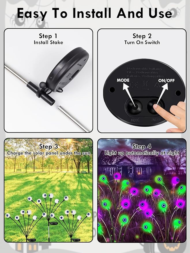 6 Pack Halloween Decorations Outdoor Solar Eyeball Lights, Purple and Green Scary Eyeball Swaying Firefly Lights with 2 Modes, Waterproof Halloween Pathway Lights for Yard Garden Lawn Party Decor