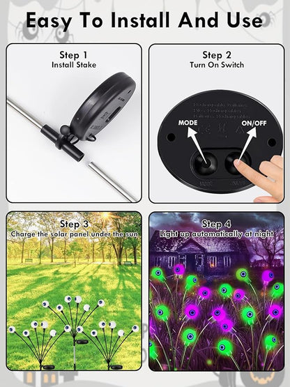 6 Pack Halloween Decorations Outdoor Solar Eyeball Lights, Purple and Green Scary Eyeball Swaying Firefly Lights with 2 Modes, Waterproof Halloween Pathway Lights for Yard Garden Lawn Party Decor