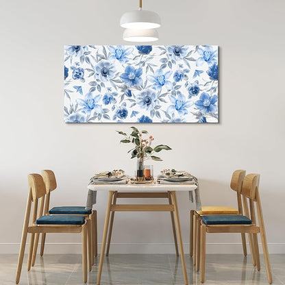 CanvasGarden Floral Canvas Wall Art, Soft Blue Floral with Silver Tones Watercolor Poster Serene Botanical Soft Flower Home Decor, Framed Prints for Living Room Bedroom Office Decor, 48x24Inch