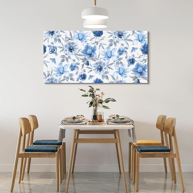 CanvasGarden Floral Canvas Wall Art, Soft Blue Floral with Silver Tones Watercolor Poster Serene Botanical Soft Flower Home Decor, Framed Prints for Living Room Bedroom Office Decor, 32x16Inch