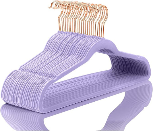 MIZGI Premium Velvet Hangers (60 Pack) Heavy Duty - Non Slip Felt Hangers - Velvet Suit Hanger Light Purple - Rose Gold Hooks,Space Saving Clothes Hanger