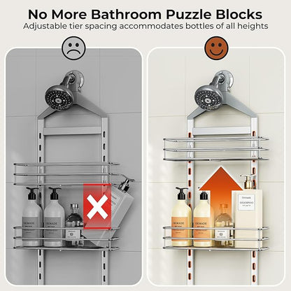 Orimade Aluminum Hanging Shower Caddy Over Head, Adjustable Anti-Slip Bathroom Shelves with Hooks, Rustproof Shower Organizer Storage Rack, Silver 3 Tier