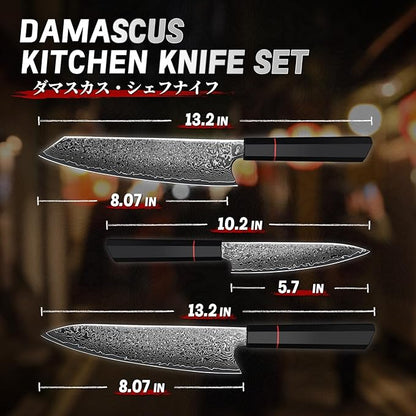 TIVOLI Damascus Knife Set 3PCS, Japanese Kitchen Knife With VG10，Ultra Sharp Cooking Knife Set With Octagonal Handle，Professional Chef Knives Set for Meat Vegetable Fruit, Ideal Gift for Dad，Mom