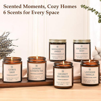 6-Pack Scented Soy Candle Set – Lavender Vanilla, Eucalyptus, Sandalwood, Jasmine & White Tea, Coconut, Sage | Natural Long Lasting Aromatherapy Candles for Home, Relaxation & Birthday Gifts
