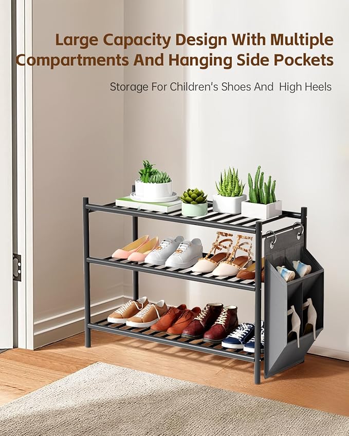 Bamboo Shoe Rack for Closet Small Wooden Shoe Organizer with Pouch, Sturdy Wood Shoe Shelf for Front Door Entrance Entryway and Outdoor, 26 inch Wide (Black, 3-Tier)
