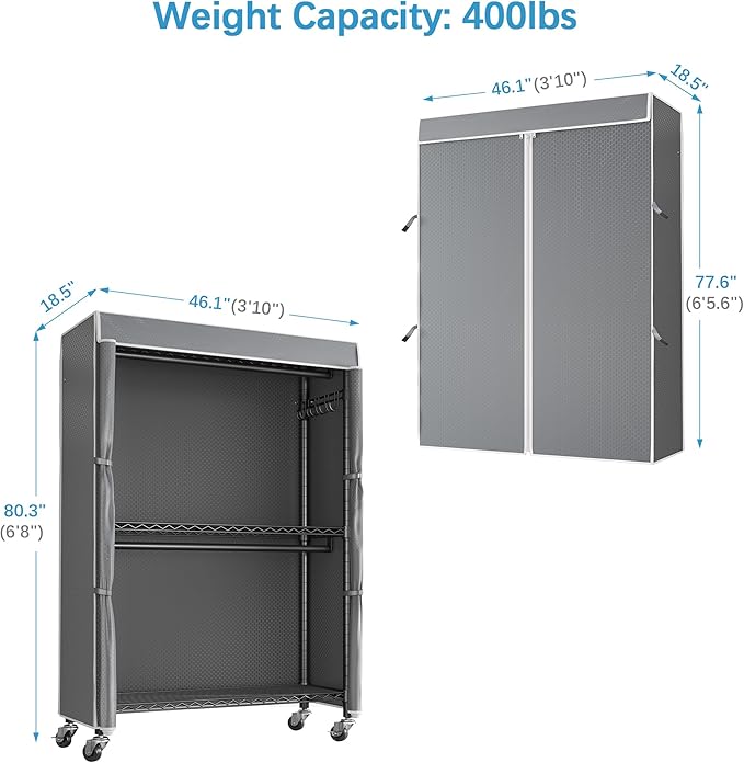 VIPEK R2C Plus Heavy Duty Rolling Garment Rack with Cover Clothing Racks for Hanging Clothes Portable Closets with Adjustable 3 Wire Shelves, Double Rods, Black Rack with Grey Upgarded Polyester Cover