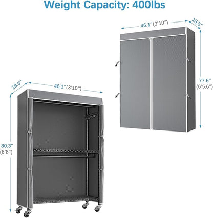 VIPEK R2C Plus Heavy Duty Rolling Garment Rack with Cover Clothing Racks for Hanging Clothes Portable Closets with Adjustable 3 Wire Shelves, Double Rods, Black Rack with Grey Upgarded Polyester Cover