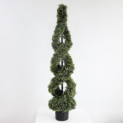 46Inch Double Spiral Artificial Boxwood Topiary Tree 4" Plants Fake Faux Plant Decor in Plastic Pot Green Indoor or Outdoor, Set of 2