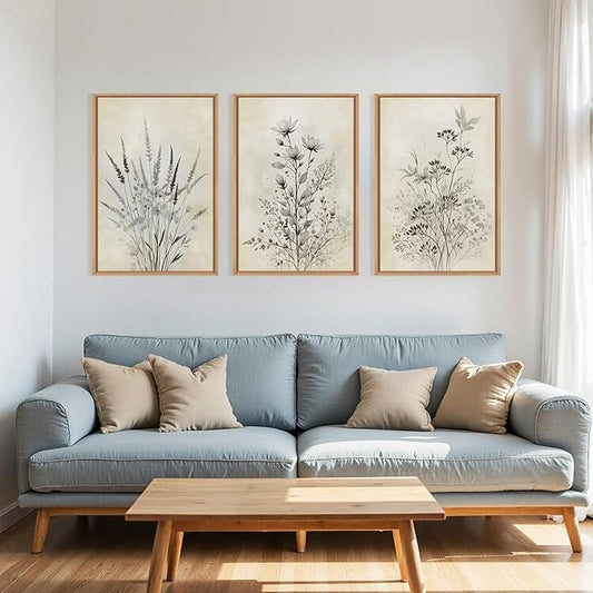 Large Neutral Flower Botanical Framed Canvas Wall Art,Boho Wildflowers Ink Wall Decor,Vintage Bouquet Wall Painting,Nature Artwork for Living Room,Bedroom,Dining Room,Office -16"x24"x3