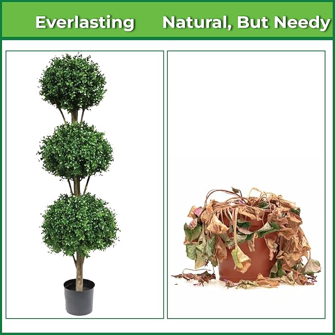 Two 66 Inch Artificial Boxwood Triple Ball Topiary Trees Potted UV Rated 5 and a Half Foot Tall