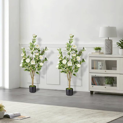 Artificial Tree 2pack, White Silk Camellia Flowers Faux Plant for Indoor Outdoor Home Decor, Realistic Potted Greenery for Office Porch Living Room-3FT