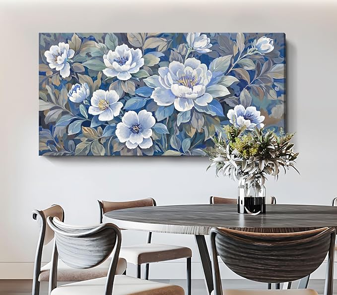 ARTZON Oversized Wall Art Flower Pictures Wall Decor – Blue and White Peony Blossom Extra Large Canvas Prints Vibrant Botanical Nature Artwork for Living Room Women Bedroom Dining Room 58x29 Inch
