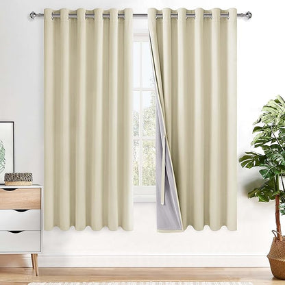 XWZO 100% Blackout Curtains with Tiebacks- Heat and Full Light Blocking Window Panels with Grommets & Thermal Insulated Draperies for Large Window, Beige, W70 x L63, Set of 2