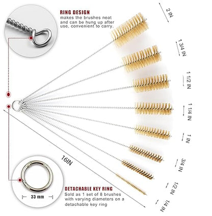 16 Inch Extra Long Pipe Cleaning Brush Set with Brass Bristles, 8 Piece Variety Pack for Auto Parts, Bottles,Tubes, Etc.