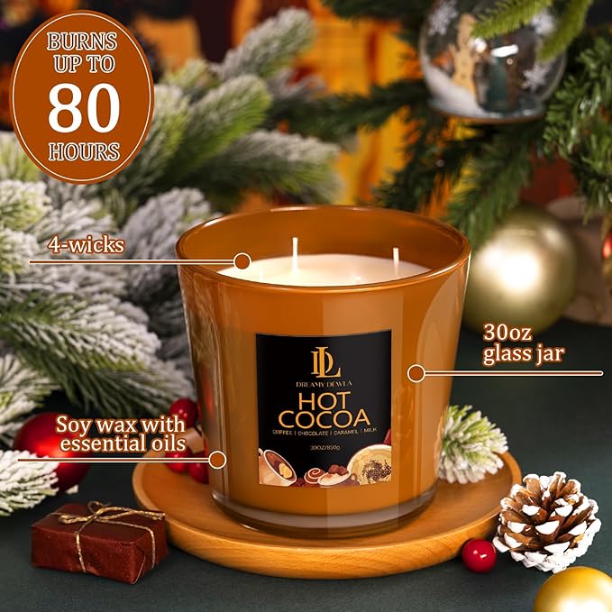 Large Candle Hot Cocoa Scented, 4 Wick Natural Soy Candles for Home Scented, 30oz Big Holiday Candle Long Lasting, Home Kitchen Scent Candles Valentine's Day Gifts for Women Men