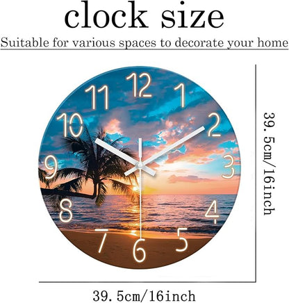 XFM Coastal Blue Clock for Living Room Palm Tree Beach Wall Clock Silent Non-Ticking Glass Big Wall Clock Battery Operated 16 Inch