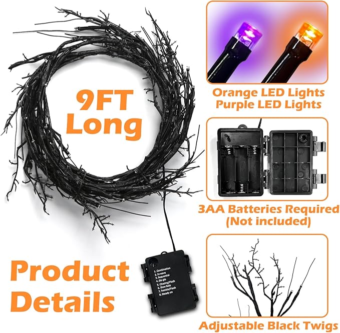 9 Ft 54 LED Halloween Willow Vine Twig Decor Garland with 8 Modes Timer Orange & Purple Lights Waterproof Battery Operated Halloween Decorations for Home Bedroom Wall Fireplace Mantle Decor