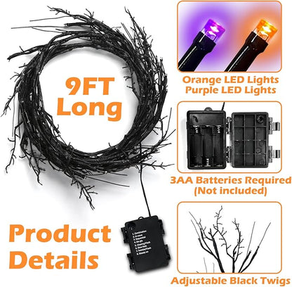 9 Ft 54 LED Halloween Willow Vine Twig Decor Garland with 8 Modes Timer Orange & Purple Lights Waterproof Battery Operated Halloween Decorations for Home Bedroom Wall Fireplace Mantle Decor