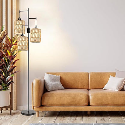 Boho Floor Lamp for Living Room Bedroom-3 Light Dimmable Floor Lamp with Three Led Bulb, Rustic Tall Lamp Black Standing Lamp Tree Floor Lamps for Living Room Bedroom,Office,Corner