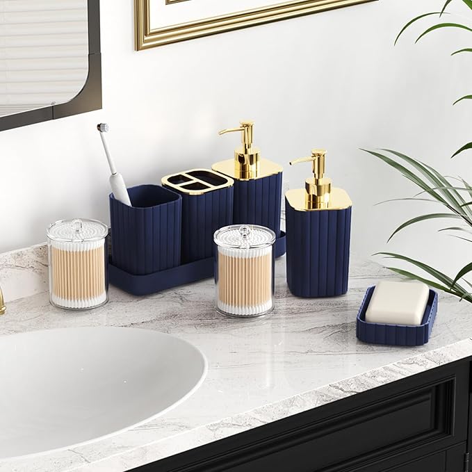 Bathroom Set with Shower Curtain and Rugs- 25PC Blue Bathroom Accessory Set, Navy Blue Shower Curtain Set, Toilet Brush, Trash Can, Qtip Holder Dispenser & Soap Dispenser