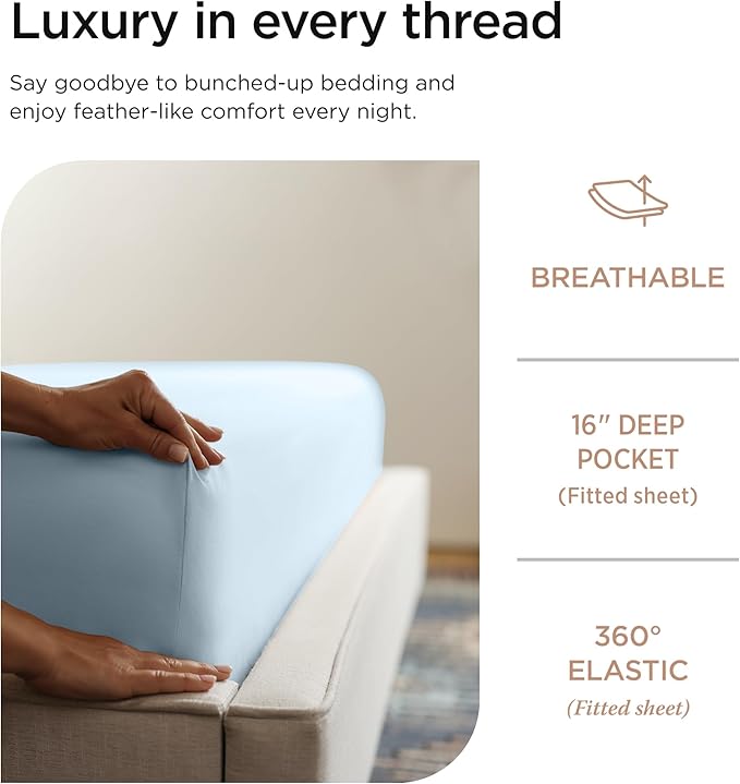 Threadmill Luxury 800 Thread Count 100% Cotton Sheets - Sateen Weave Twin XL Bed-Sheets, Better Than Egyptian Cotton,3 Pc Solid Soft Bedding Set (Light Blue), Fits 15" Deep Pocket