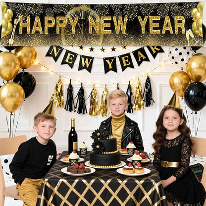 New Years Eve Banner for 2026, Gold Happy New Year Backdrop Great New Yeras Decorations for Outdoor Indoor Home Wall 118x19.69inch