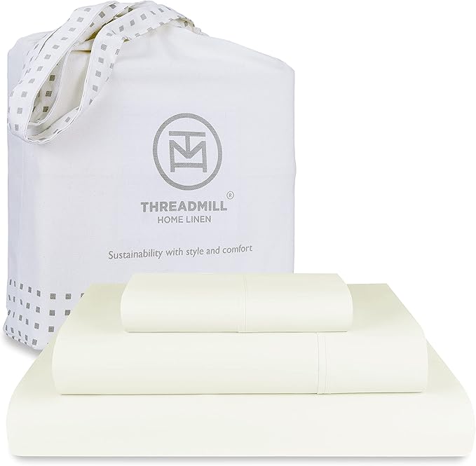 Threadmill 100% Cotton Sheets for Twin Size Bed - 600 Thread Count Twin Bed Sheets Set with 15” Deep Pocket - Sateen Weave 3-Piece Bedding Set with Cooling Effect, Ivory
