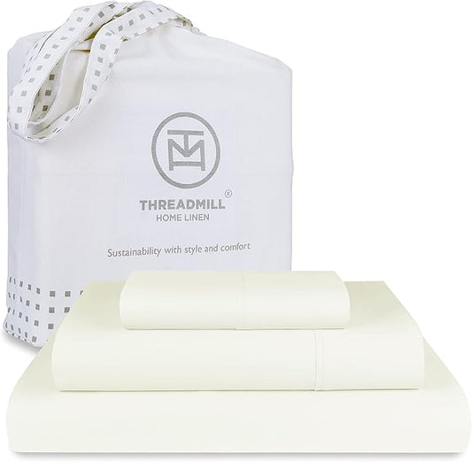 Threadmill 100% Cotton Sheets for Twin Size Bed - 600 Thread Count Twin Bed Sheets Set with 15” Deep Pocket - Sateen Weave 3-Piece Bedding Set with Cooling Effect, Ivory