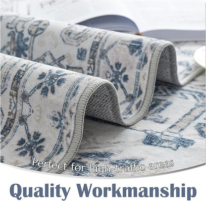 jinchan Hallway Runner Rug 2x8 Washable - Vintage Floral Non Slip Low-Pile Soft Ultra-Thin Faux Wool Kitchen Rug Distressed Carpet Runner for Farmhouse Bedroom Laundry (2x8ft,Blue)