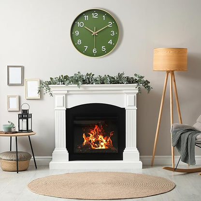 MEIRED Wall Clock 12 Inch Silent Non Ticking Battery Operated Round Wall Clock Modern Simple Style Decor Clock for Home/Office/School/Kitchen/Bedroom/Living Room, Olive Green and Gold