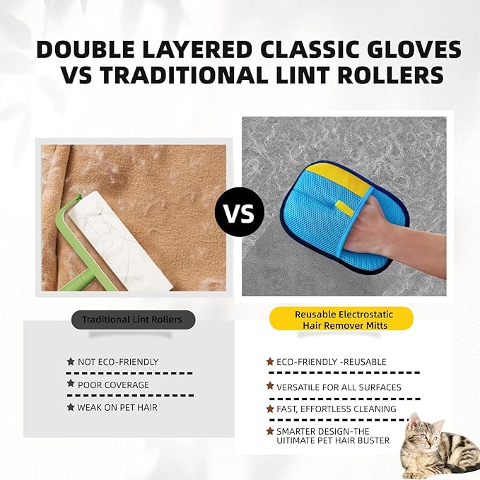2-Pack Pet Hair Removal Gloves for Cats & Dogs, Reusable Electrostatic Hair Remover Mitts for Furniture & Clothing