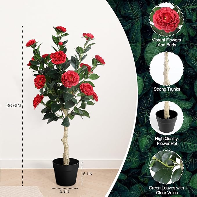 3FT Artificial Camellia Tree, 2 Pack Fake Camellia Tree Artificial Tree, Faux Floral Plants in Cement Pot, Greenery Potted Plant for Indoor Outdoor Home Office Porch Decor (Red)