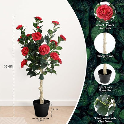3FT Artificial Camellia Tree, 2 Pack Fake Camellia Tree Artificial Tree, Faux Floral Plants in Cement Pot, Greenery Potted Plant for Indoor Outdoor Home Office Porch Decor (Red)
