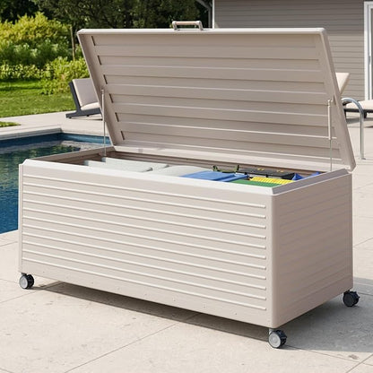 MIRADOR 281 Gallon Outdoor Storage Box Waterproof, Metal Deck Box with wheels for Patio Furniture, Garden Tools, Outdoor Cushion, Latte