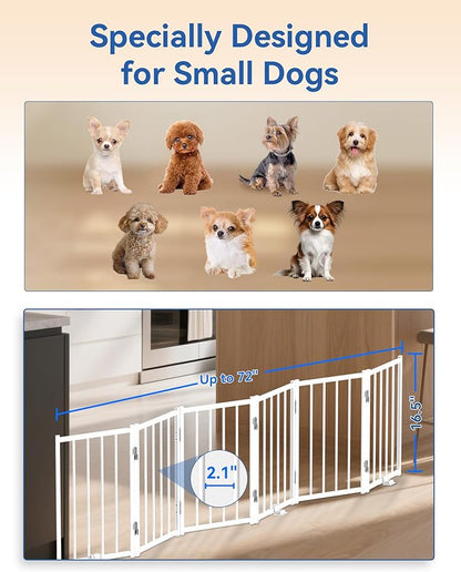 Free Standing Foldable Dog Gate, 16.5" High Step-Over Metal Short Pet Gate, Up to 72" Wide Puppy Fence for Stairs and Doorways, Indoor & Outdoor Use, No Drilling and No Assembly, White