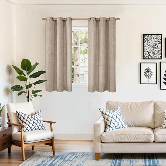 YoungsTex 48 Inch Length Linen Curtains for Short Window, Oatmeal Burlap Light Filtering Drapes with Bronze Grommet Privacy for Kitchen Living Room Window, 42 x 48 Inch, 2 Panels