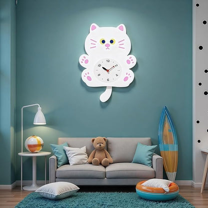 FASHION in THE CITY Adorable Cat Themed Swing Wall Clock - Silent Non-Ticking Pendulum Clock, Easy to Read Analog Clock for Cat Lovers, Nursery, Kitchen, Cute Home Decor Gift (YBZ001-White)