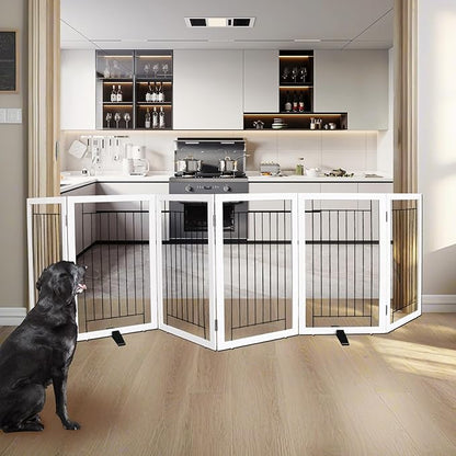 ZJSF Freestanding Dog Gate Indoor, Foldable Dog Fence for Doorways,Hallways or Stairs, Sturdy Wood Extra Wide Pet Gate with Support Feet,White,32 "Height-6 Panels