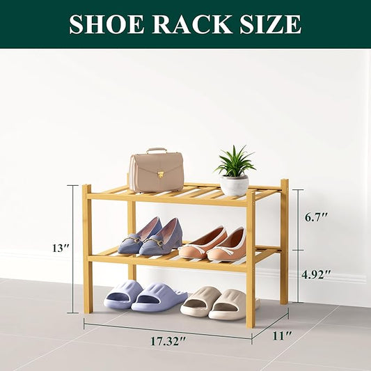 Smiry Bamboo Shoe Rack for Closet, 2 Tier Small Wooden Stackable Shoe Organizer, Free Standing Shoes Storage Shelf for Entryway, Front Door Entrance, Natural