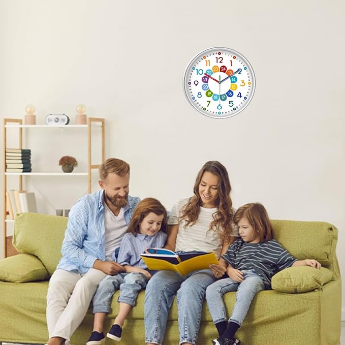 XFM Silent Kids Wall Clock Battery Operated 12 Inch Non Ticking Kids Teaching Clock Colorful Analog Learning Clock Decorative for Kids Room Classroom School