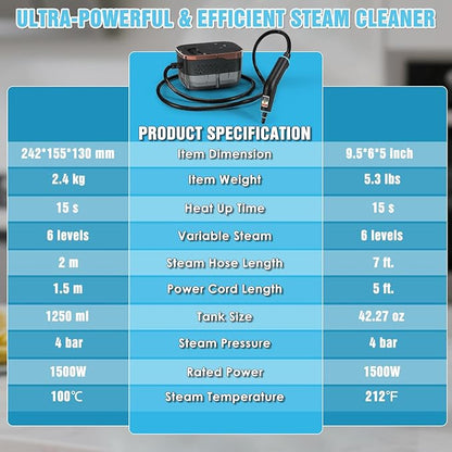 Steam Cleaner, 4 Bar High Pressure Steamer with 6-Level Adjustable, 15s Heat-Up, 42.7oz Large Tank, 7ft Extended Hose, 18 pcs Accessories, Portable Steam Cleaner for Home, Car, Tile, Grout, Grease