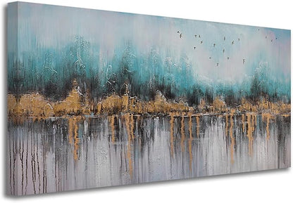 Ardemy Abstract Canvas Wall Art Teal and Gold Paintings Wall Decor Bedroom Large Pictures Textured Artwork for Walls Home Office Living Room 48"x24"